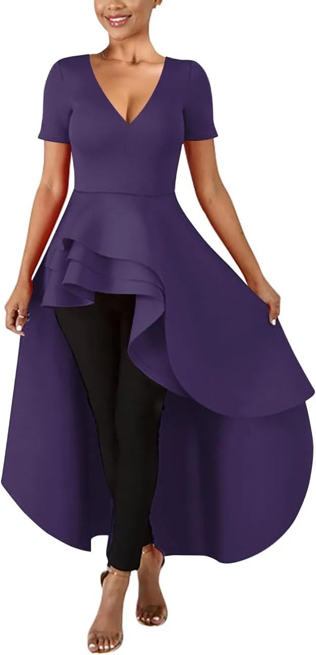 Lrady Womens V Neck Short Sleeve High Low Cocktail Party Dresses Peplum Tunic Tops Shirt Dress