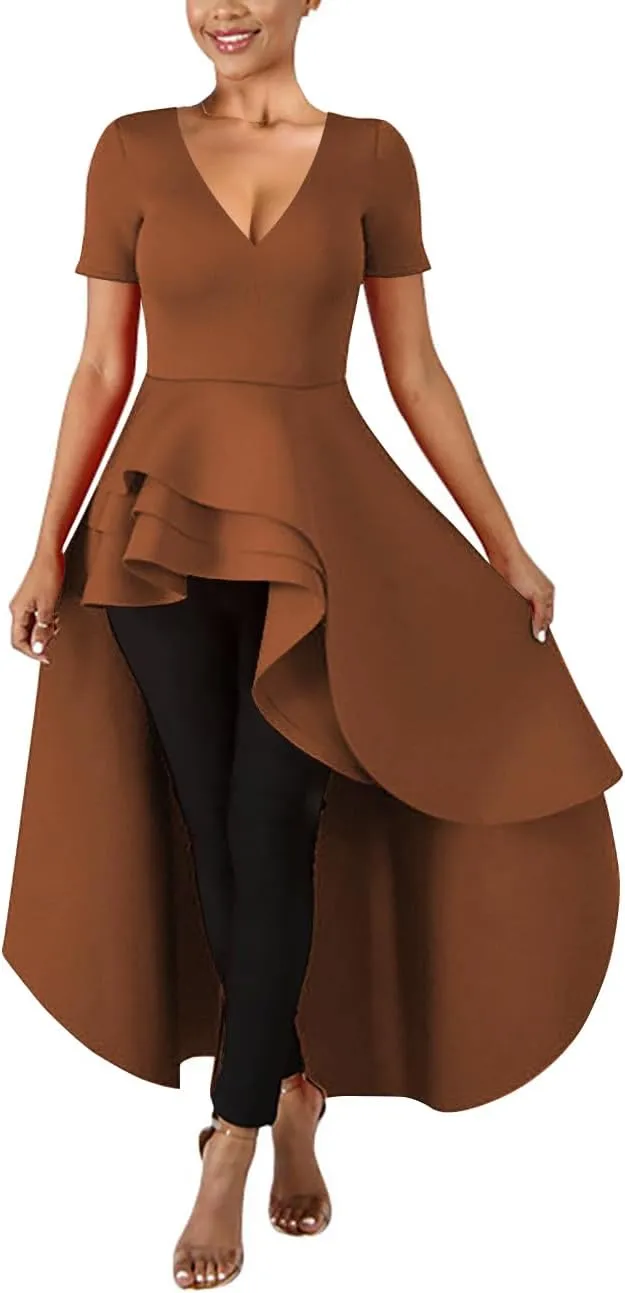 Lrady Womens V Neck Short Sleeve High Low Cocktail Party Dresses Peplum Tunic Tops Shirt Dress