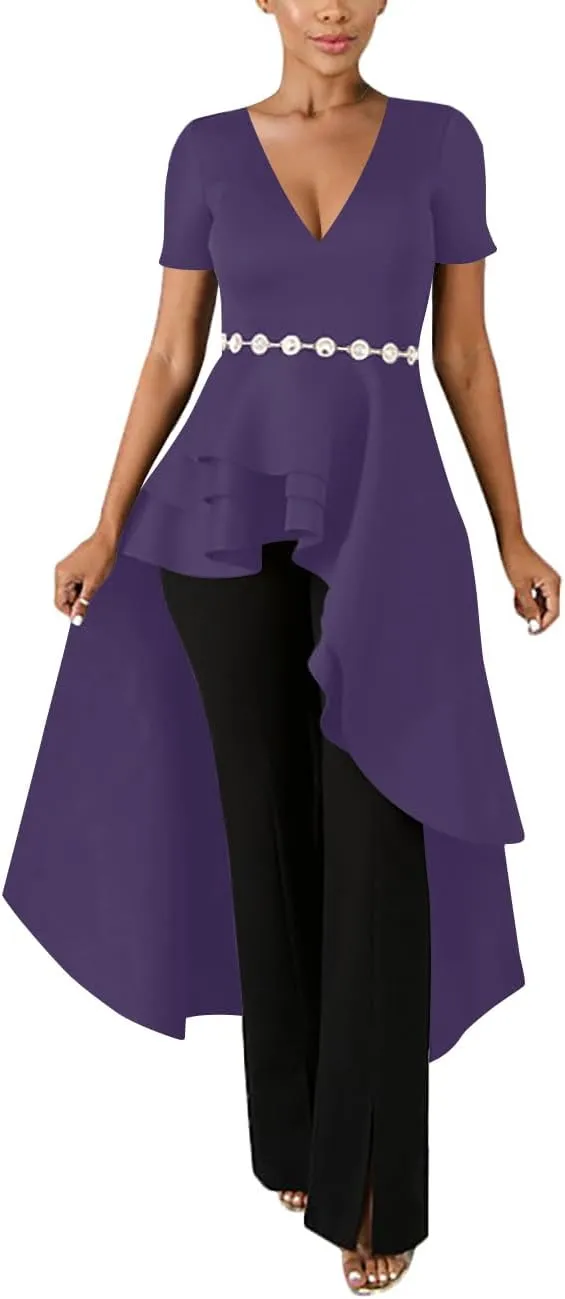 Lrady Womens V Neck Short Sleeve High Low Cocktail Party Dresses Peplum Tunic Tops Shirt Dress