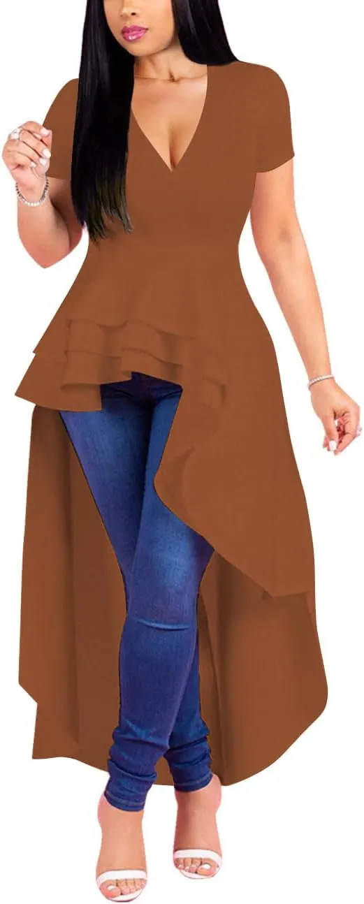 Lrady Womens V Neck Short Sleeve High Low Cocktail Party Dresses Peplum Tunic Tops Shirt Dress