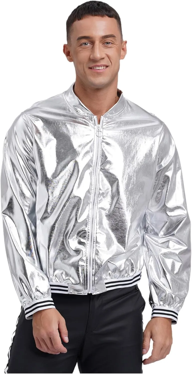 Men's Holographic Jacket Halloween Party Disco Shiny Sparkly Glitter Sequins Bomber Jacket