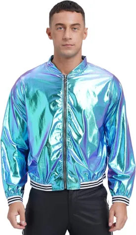 Men's Holographic Jacket Halloween Party Disco Shiny Sparkly Glitter Sequins Bomber Jacket