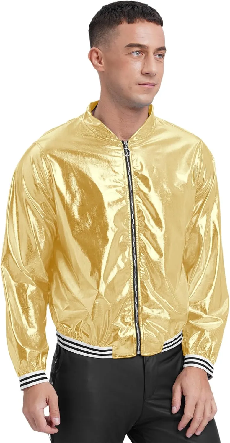Men's Holographic Jacket Halloween Party Disco Shiny Sparkly Glitter Sequins Bomber Jacket