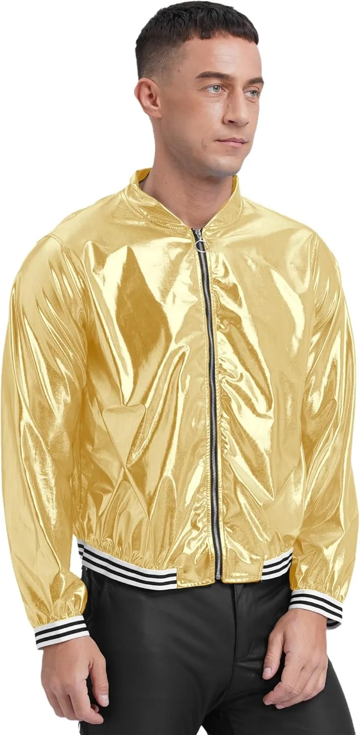 Men's Holographic Jacket Halloween Party Disco Shiny Sparkly Glitter Sequins Bomber Jacket