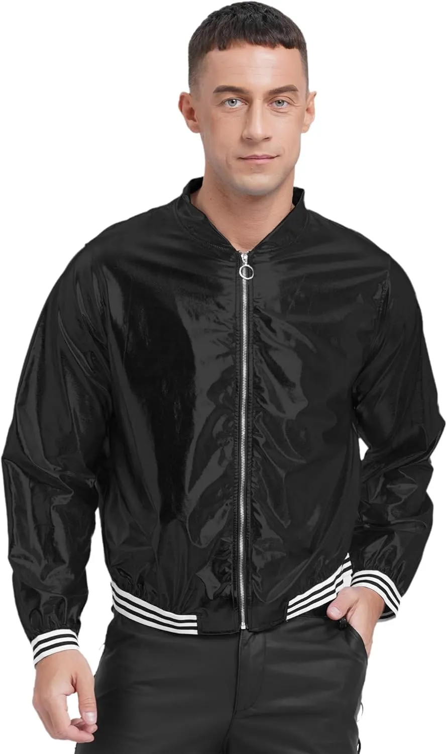 Men's Holographic Jacket Halloween Party Disco Shiny Sparkly Glitter Sequins Bomber Jacket