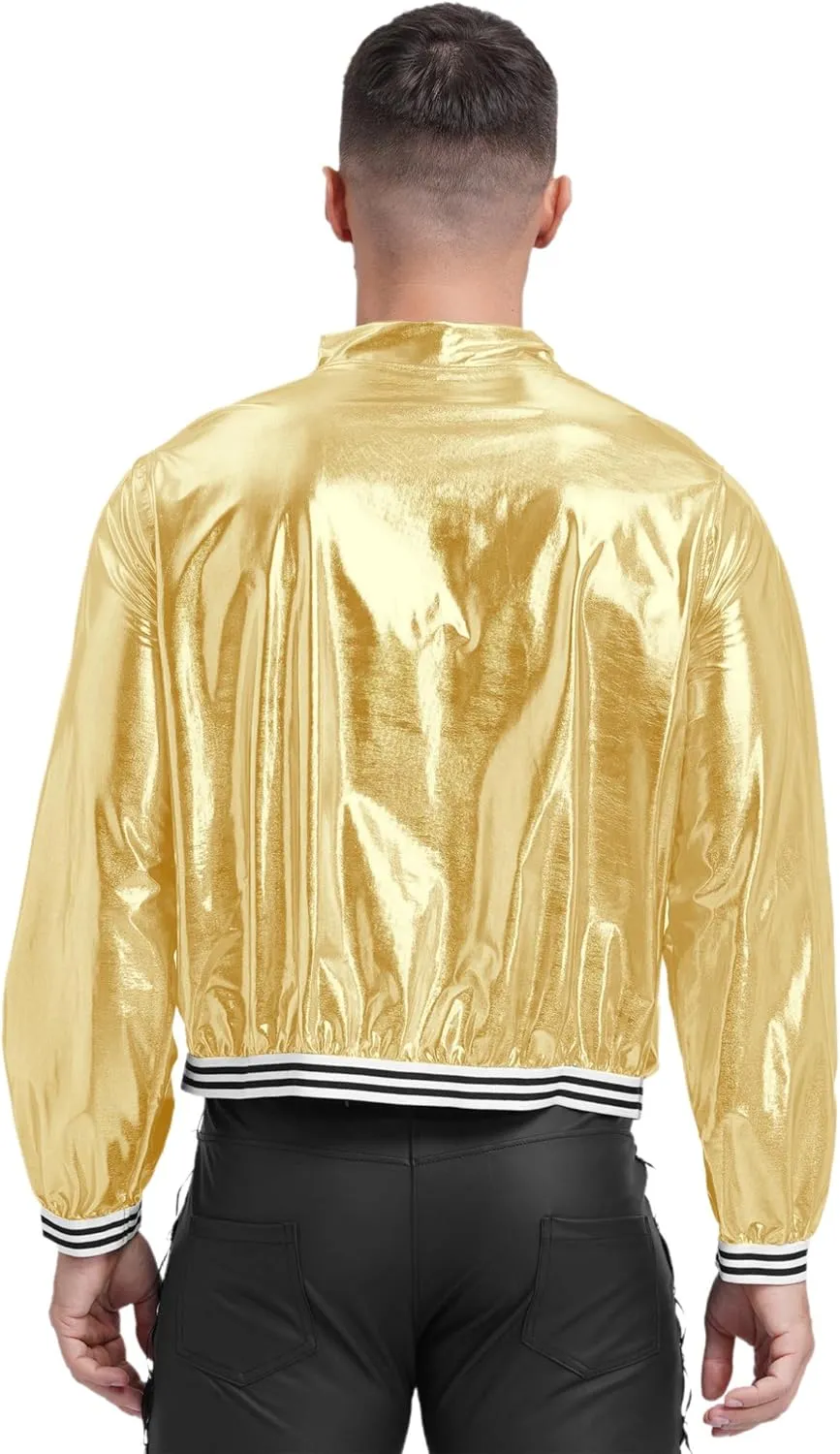 Men's Holographic Jacket Halloween Party Disco Shiny Sparkly Glitter Sequins Bomber Jacket