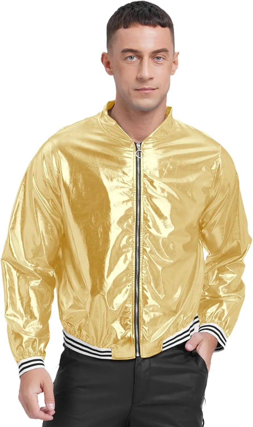 Men's Holographic Jacket Halloween Party Disco Shiny Sparkly Glitter Sequins Bomber Jacket