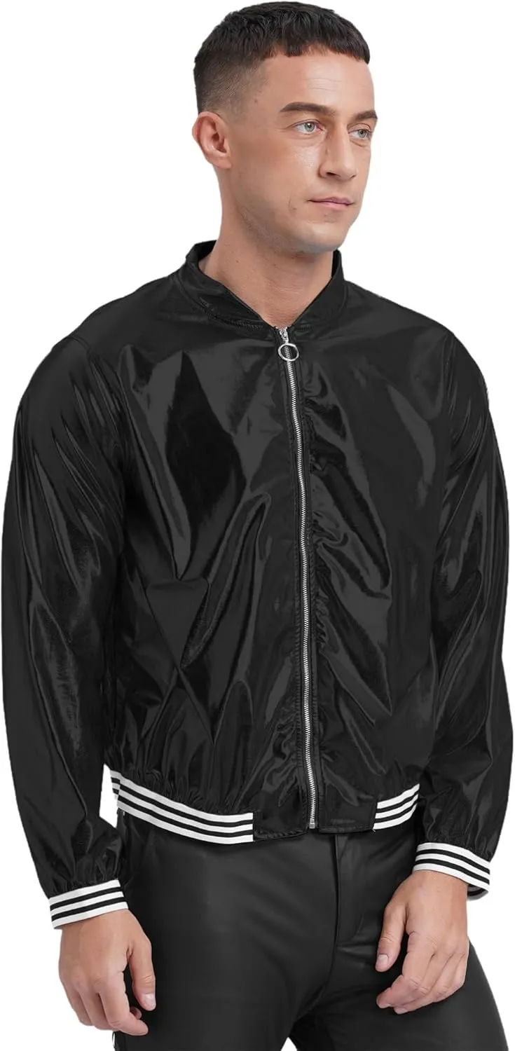 Men's Holographic Jacket Halloween Party Disco Shiny Sparkly Glitter Sequins Bomber Jacket