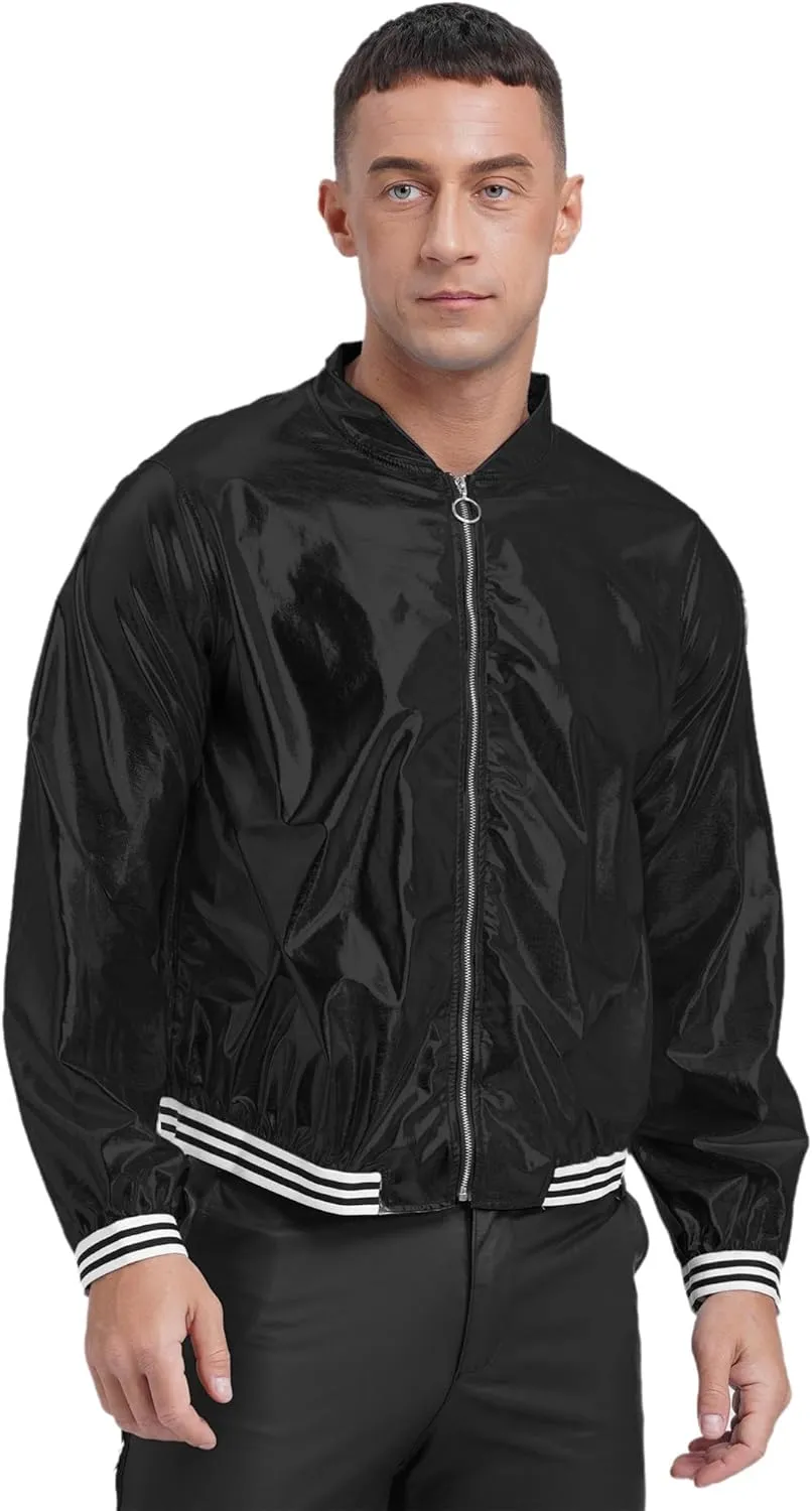 Men's Holographic Jacket Halloween Party Disco Shiny Sparkly Glitter Sequins Bomber Jacket