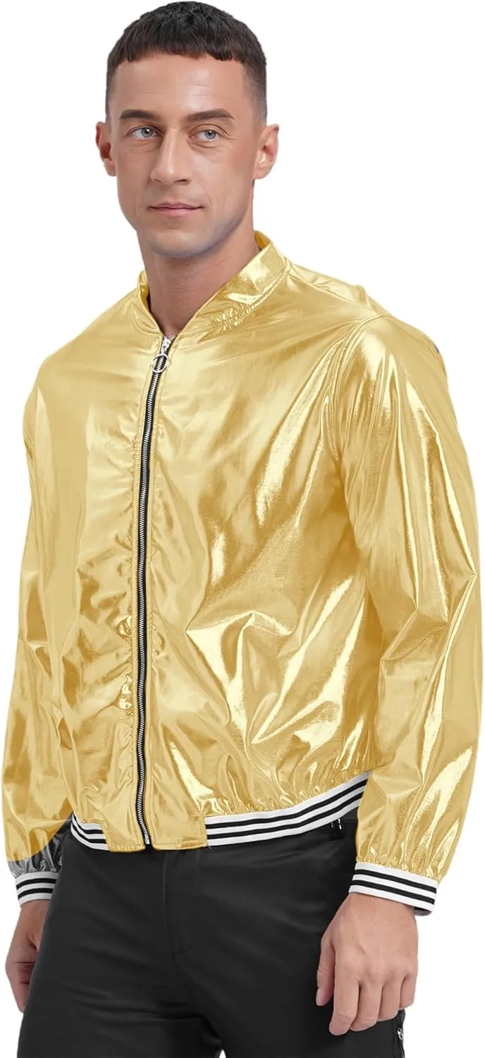 Men's Holographic Jacket Halloween Party Disco Shiny Sparkly Glitter Sequins Bomber Jacket