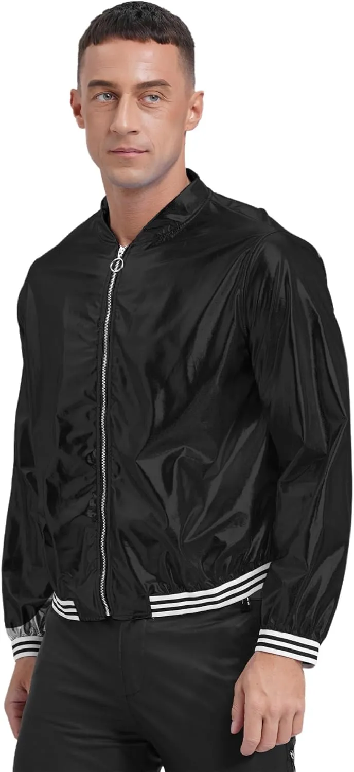 Men's Holographic Jacket Halloween Party Disco Shiny Sparkly Glitter Sequins Bomber Jacket