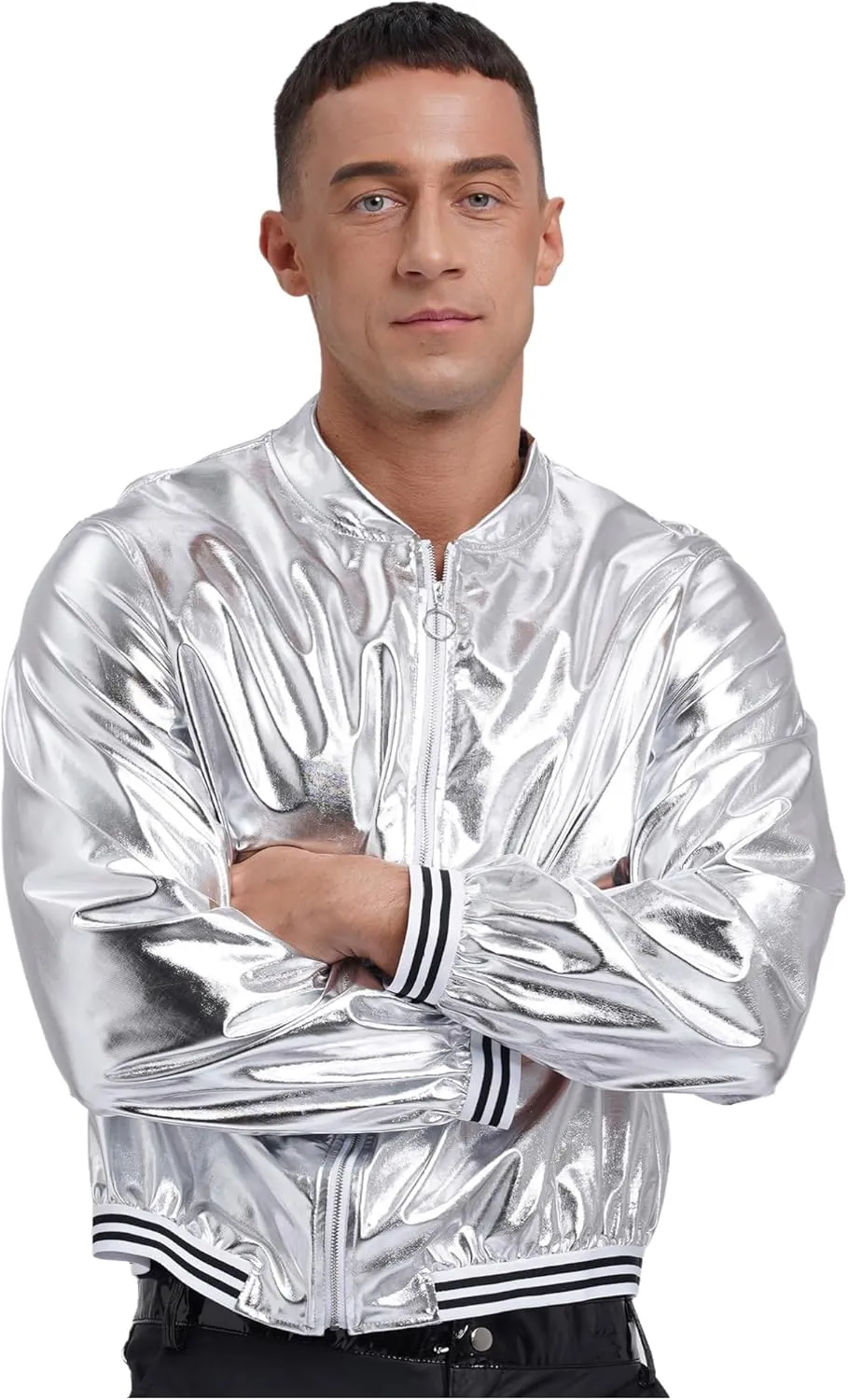 Men's Holographic Jacket Halloween Party Disco Shiny Sparkly Glitter Sequins Bomber Jacket
