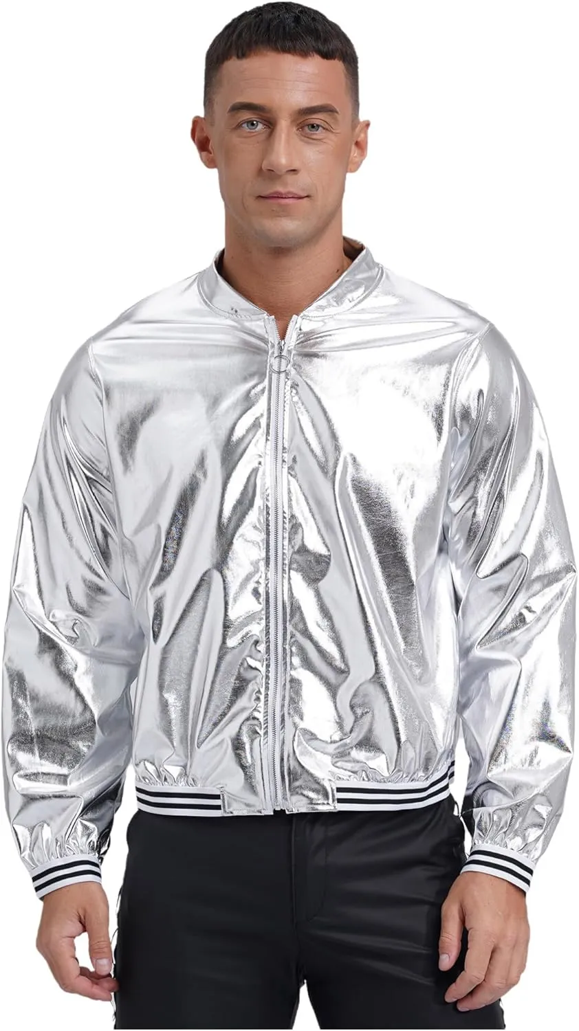 Men's Holographic Jacket Halloween Party Disco Shiny Sparkly Glitter Sequins Bomber Jacket