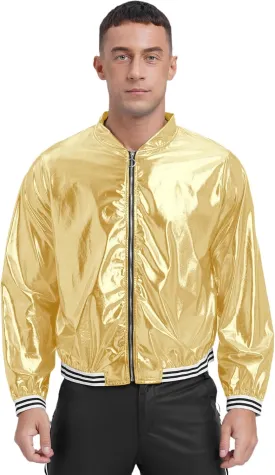 Men's Holographic Jacket Halloween Party Disco Shiny Sparkly Glitter Sequins Bomber Jacket