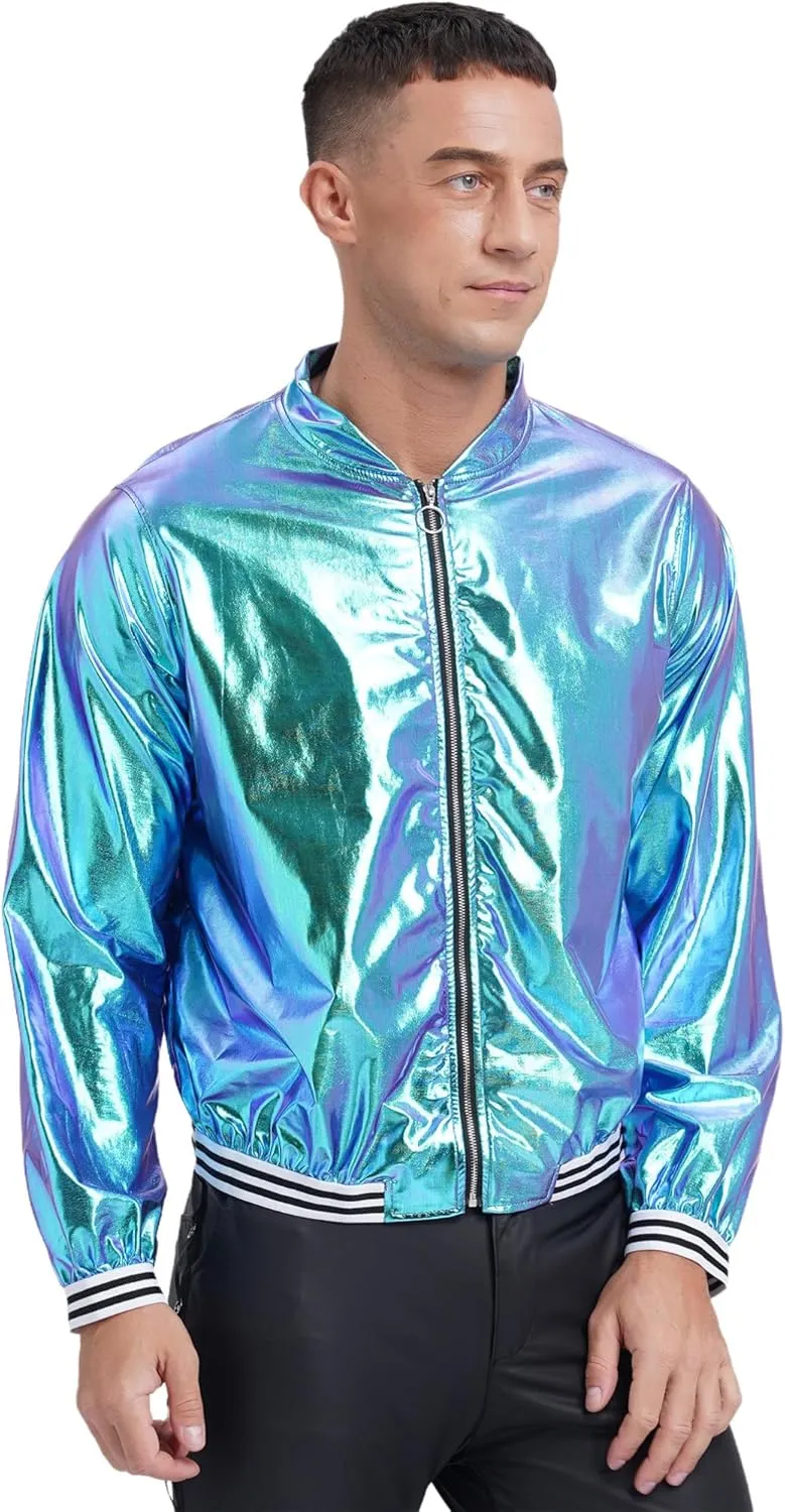 Men's Holographic Jacket Halloween Party Disco Shiny Sparkly Glitter Sequins Bomber Jacket