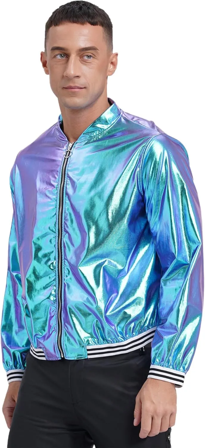 Men's Holographic Jacket Halloween Party Disco Shiny Sparkly Glitter Sequins Bomber Jacket