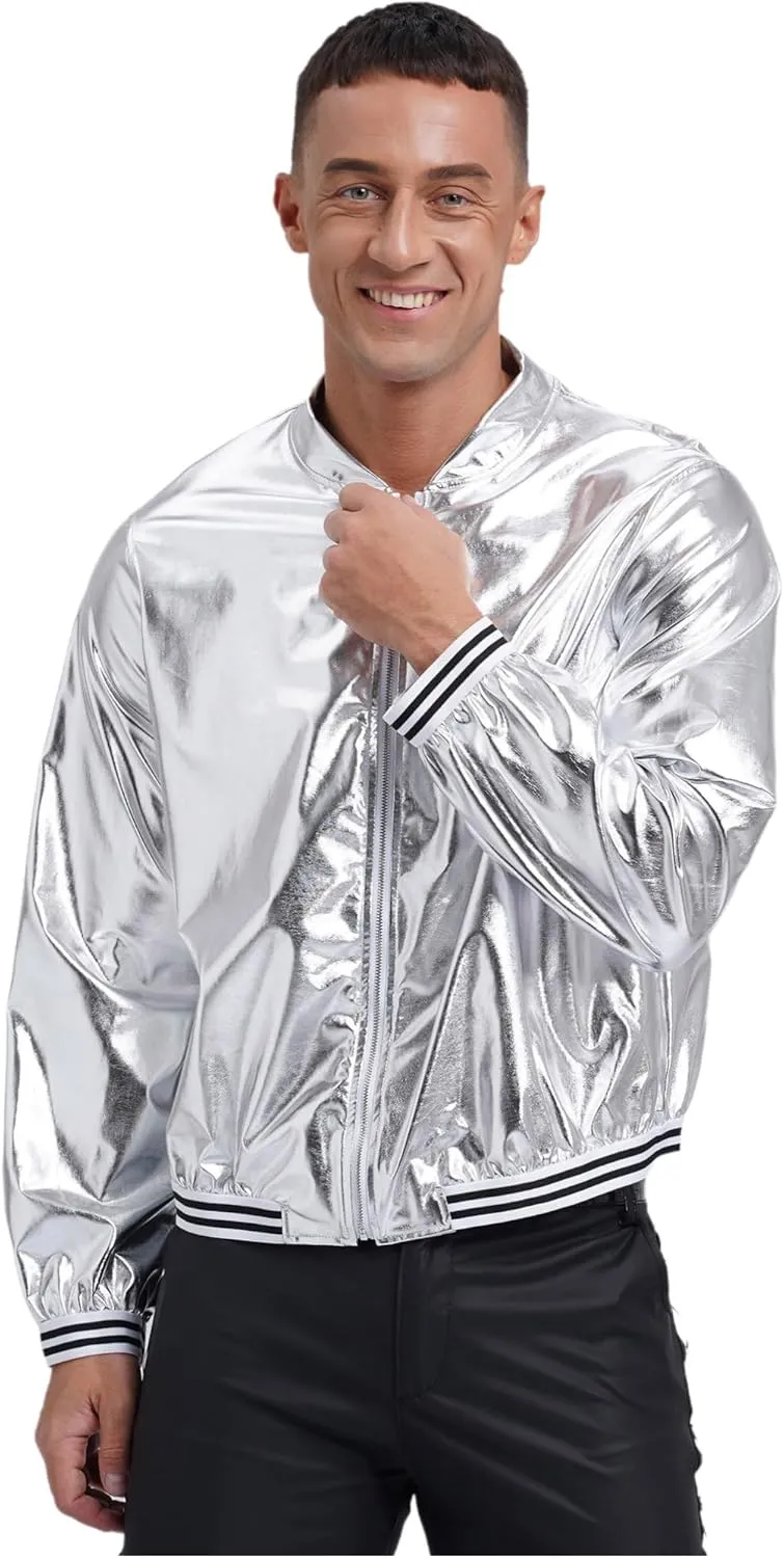Men's Holographic Jacket Halloween Party Disco Shiny Sparkly Glitter Sequins Bomber Jacket