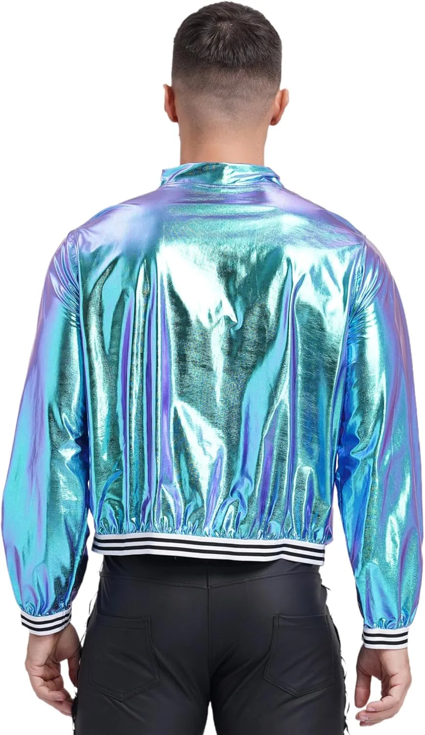 Men's Holographic Jacket Halloween Party Disco Shiny Sparkly Glitter Sequins Bomber Jacket
