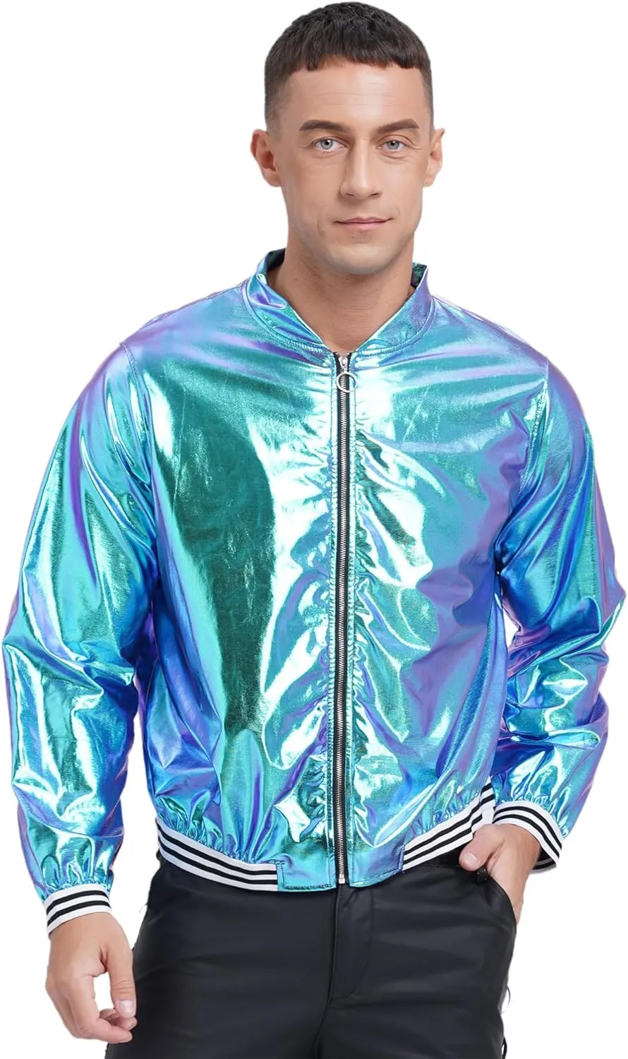 Men's Holographic Jacket Halloween Party Disco Shiny Sparkly Glitter Sequins Bomber Jacket