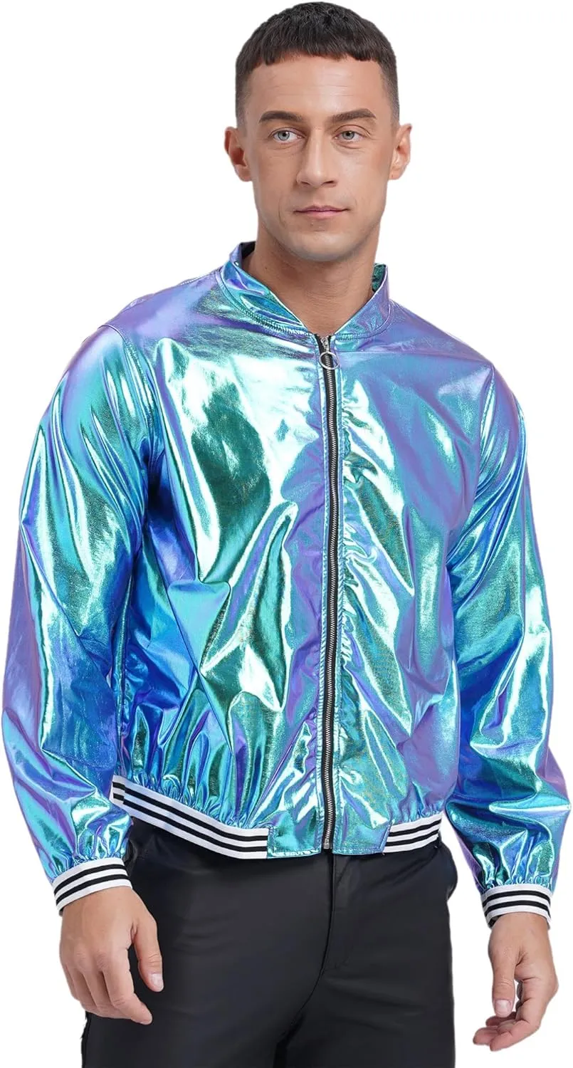 Men's Holographic Jacket Halloween Party Disco Shiny Sparkly Glitter Sequins Bomber Jacket
