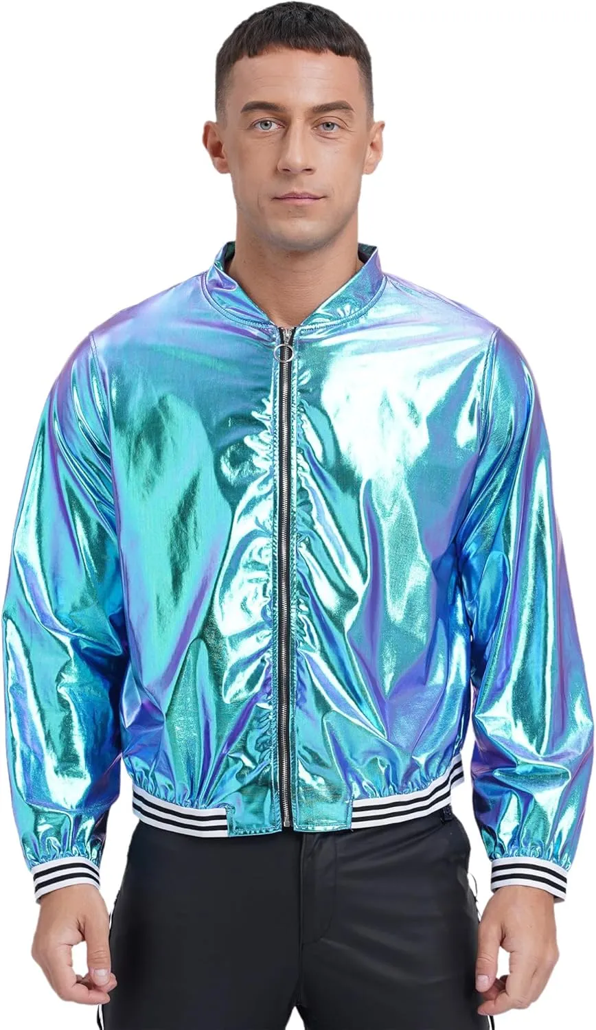 Men's Holographic Jacket Halloween Party Disco Shiny Sparkly Glitter Sequins Bomber Jacket