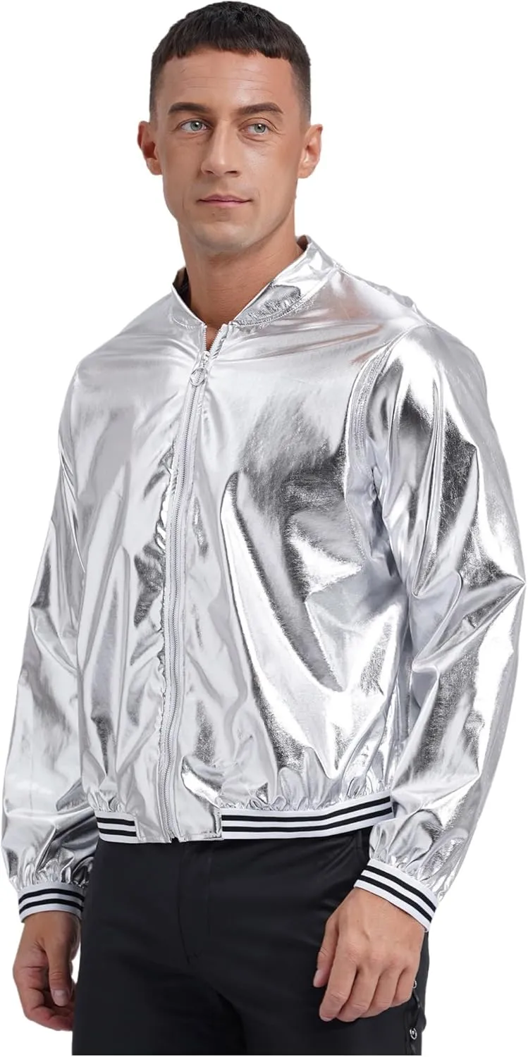 Men's Holographic Jacket Halloween Party Disco Shiny Sparkly Glitter Sequins Bomber Jacket