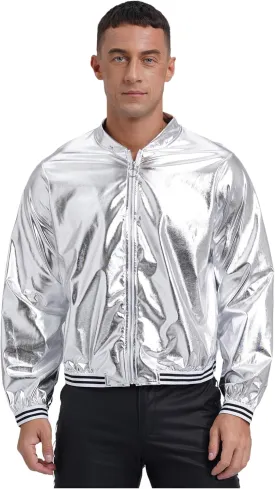 Men's Holographic Jacket Halloween Party Disco Shiny Sparkly Glitter Sequins Bomber Jacket