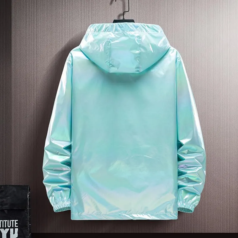 Men's Metallic Jacket Holographic Ultra-thin Lightweight Shiny Hooded Jackets Party Club Coat