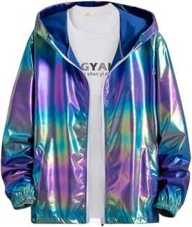 Men's Metallic Jacket Holographic Ultra-thin Lightweight Shiny Hooded Jackets Party Club Coat