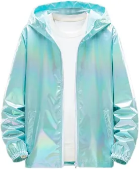 Men's Metallic Jacket Holographic Ultra-thin Lightweight Shiny Hooded Jackets Party Club Coat