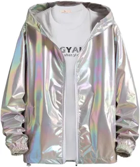 Men's Metallic Jacket Holographic Ultra-thin Lightweight Shiny Hooded Jackets Party Club Coat