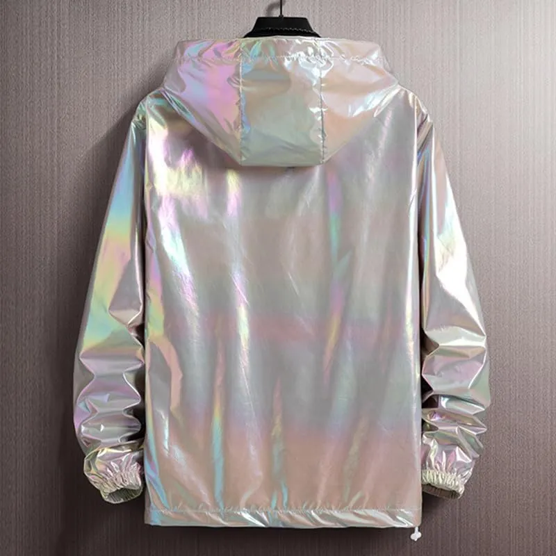 Men's Metallic Jacket Holographic Ultra-thin Lightweight Shiny Hooded Jackets Party Club Coat
