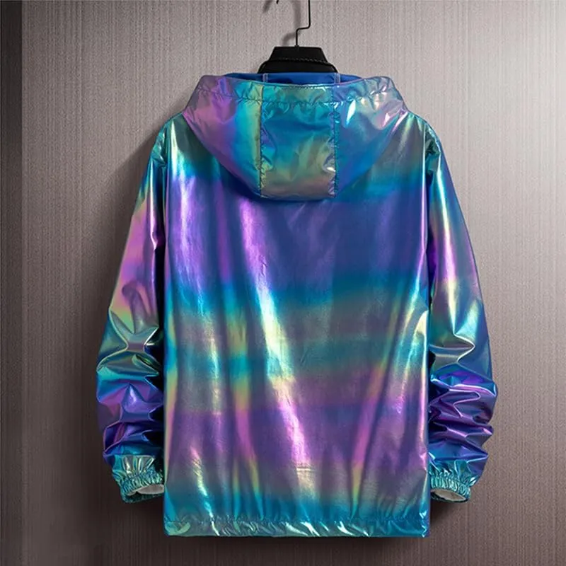 Men's Metallic Jacket Holographic Ultra-thin Lightweight Shiny Hooded Jackets Party Club Coat