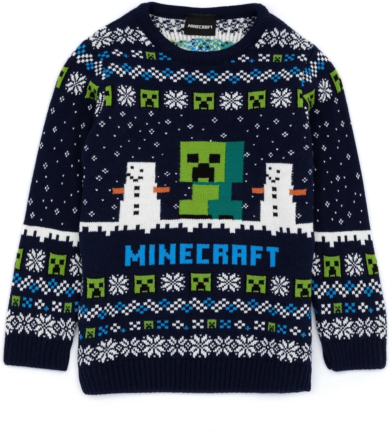Minecraft Boys Christmas Jumper Style Options Kids Creeper & Snowmen Characters Knitted Sweater | Pattern Festive Jumper
