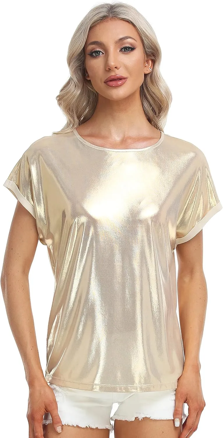 MISS MOLY Women's Metallic Tops Short Sleeve Crewneck Holographic Shiny Tees Glitter Sparkle Shirt for Party Club Concert