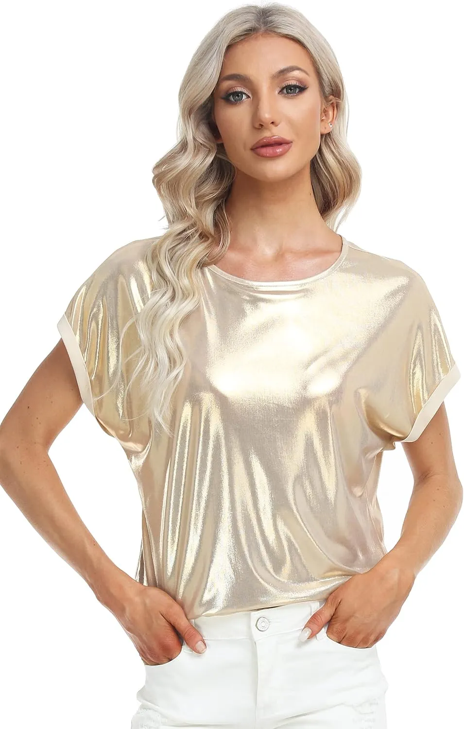 MISS MOLY Women's Metallic Tops Short Sleeve Crewneck Holographic Shiny Tees Glitter Sparkle Shirt for Party Club Concert
