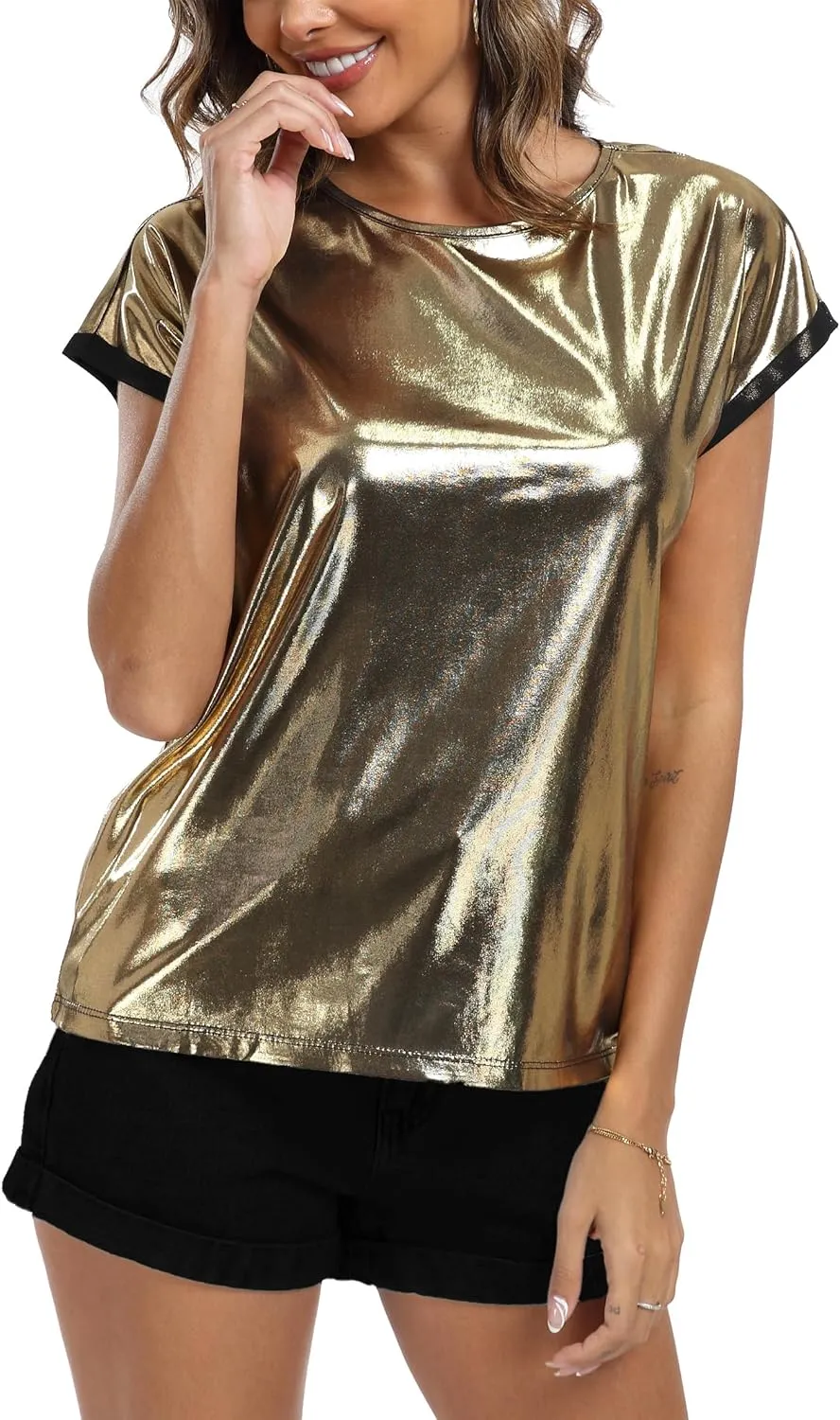 MISS MOLY Women's Metallic Tops Short Sleeve Crewneck Holographic Shiny Tees Glitter Sparkle Shirt for Party Club Concert