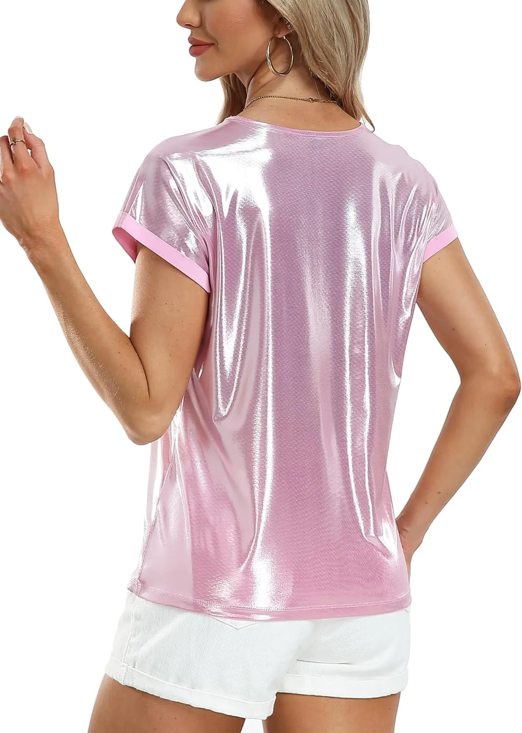 MISS MOLY Women's Metallic Tops Short Sleeve Crewneck Holographic Shiny Tees Glitter Sparkle Shirt for Party Club Concert