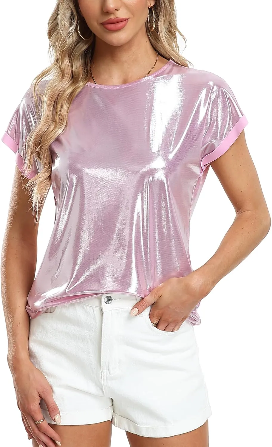 MISS MOLY Women's Metallic Tops Short Sleeve Crewneck Holographic Shiny Tees Glitter Sparkle Shirt for Party Club Concert