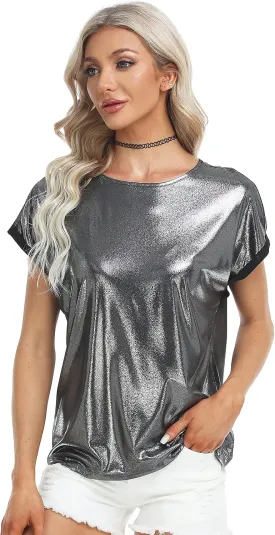 MISS MOLY Women's Metallic Tops Short Sleeve Crewneck Holographic Shiny Tees Glitter Sparkle Shirt for Party Club Concert