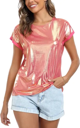MISS MOLY Women's Metallic Tops Short Sleeve Crewneck Holographic Shiny Tees Glitter Sparkle Shirt for Party Club Concert