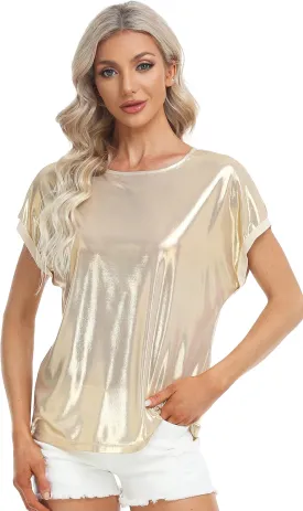 MISS MOLY Women's Metallic Tops Short Sleeve Crewneck Holographic Shiny Tees Glitter Sparkle Shirt for Party Club Concert
