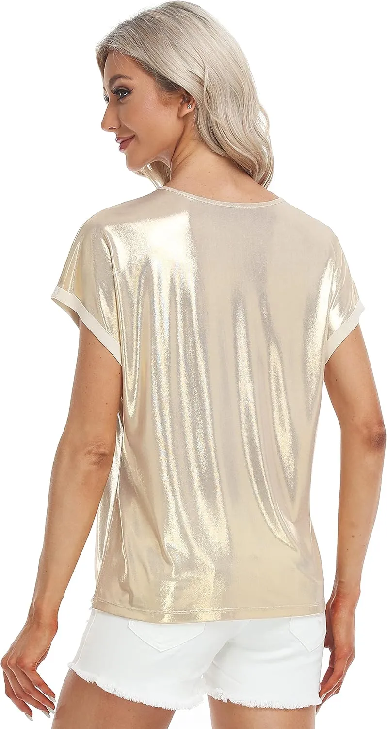 MISS MOLY Women's Metallic Tops Short Sleeve Crewneck Holographic Shiny Tees Glitter Sparkle Shirt for Party Club Concert