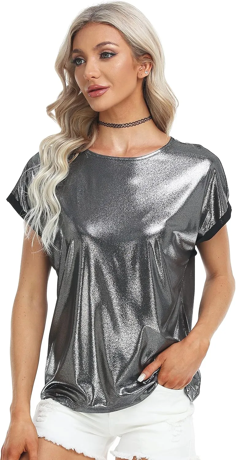 MISS MOLY Women's Metallic Tops Short Sleeve Crewneck Holographic Shiny Tees Glitter Sparkle Shirt for Party Club Concert