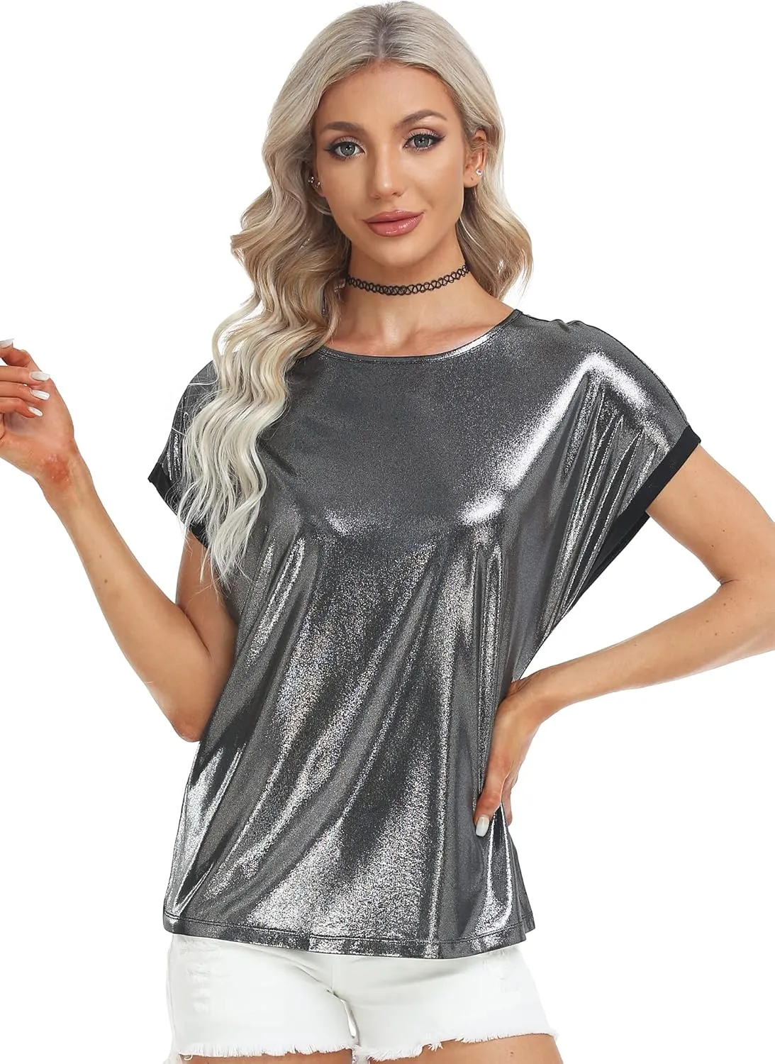 MISS MOLY Women's Metallic Tops Short Sleeve Crewneck Holographic Shiny Tees Glitter Sparkle Shirt for Party Club Concert