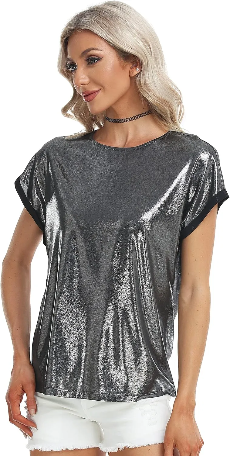MISS MOLY Women's Metallic Tops Short Sleeve Crewneck Holographic Shiny Tees Glitter Sparkle Shirt for Party Club Concert