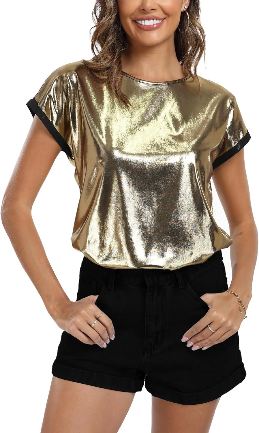 MISS MOLY Women's Metallic Tops Short Sleeve Crewneck Holographic Shiny Tees Glitter Sparkle Shirt for Party Club Concert
