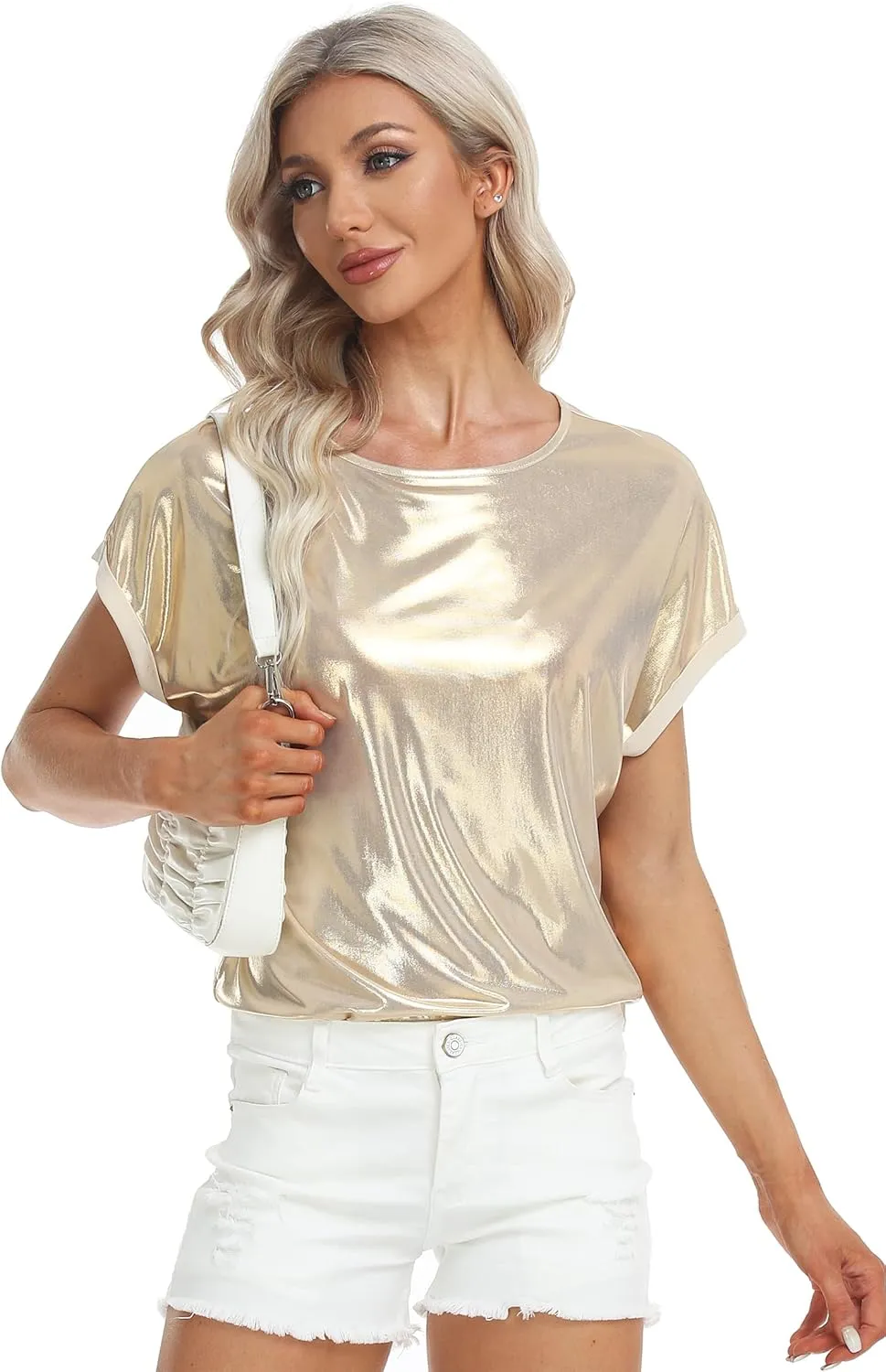 MISS MOLY Women's Metallic Tops Short Sleeve Crewneck Holographic Shiny Tees Glitter Sparkle Shirt for Party Club Concert