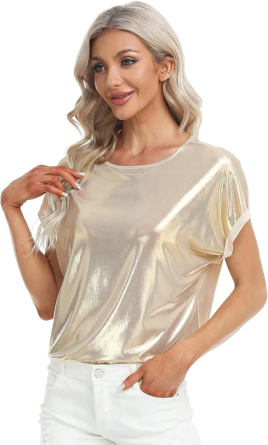 MISS MOLY Women's Metallic Tops Short Sleeve Crewneck Holographic Shiny Tees Glitter Sparkle Shirt for Party Club Concert