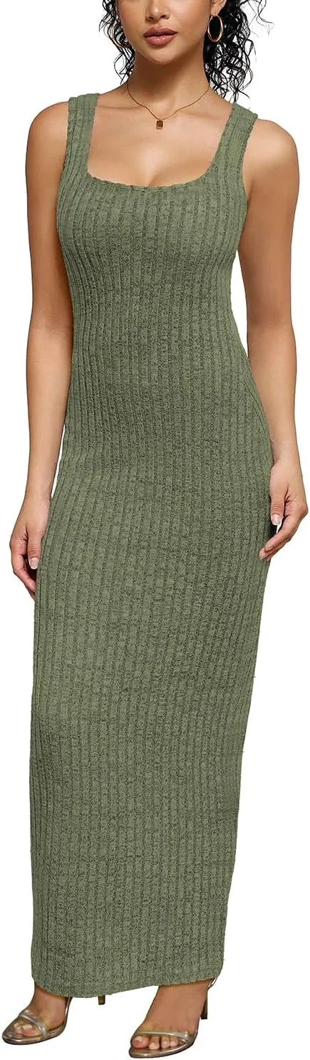 PINSV Women's Bodycon Maxi Dress Stretchy Sleeveless Tank Dress Summer Long Ribbed Casual Beach Party Dress